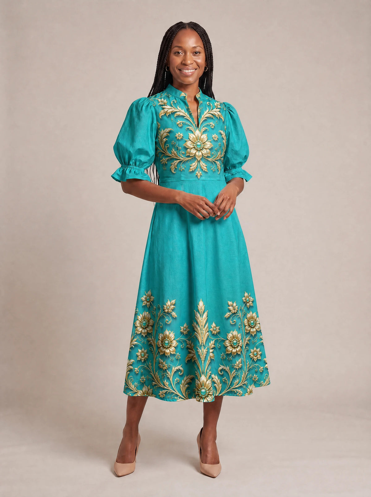 "Heshima" Puff Sleeve Dress — walking, three-quarter view on model