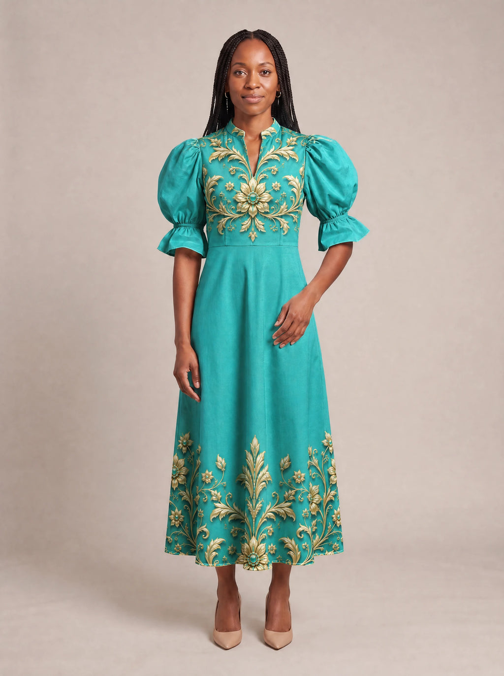 "Heshima" Puff Sleeve Dress — standing, angled view on model