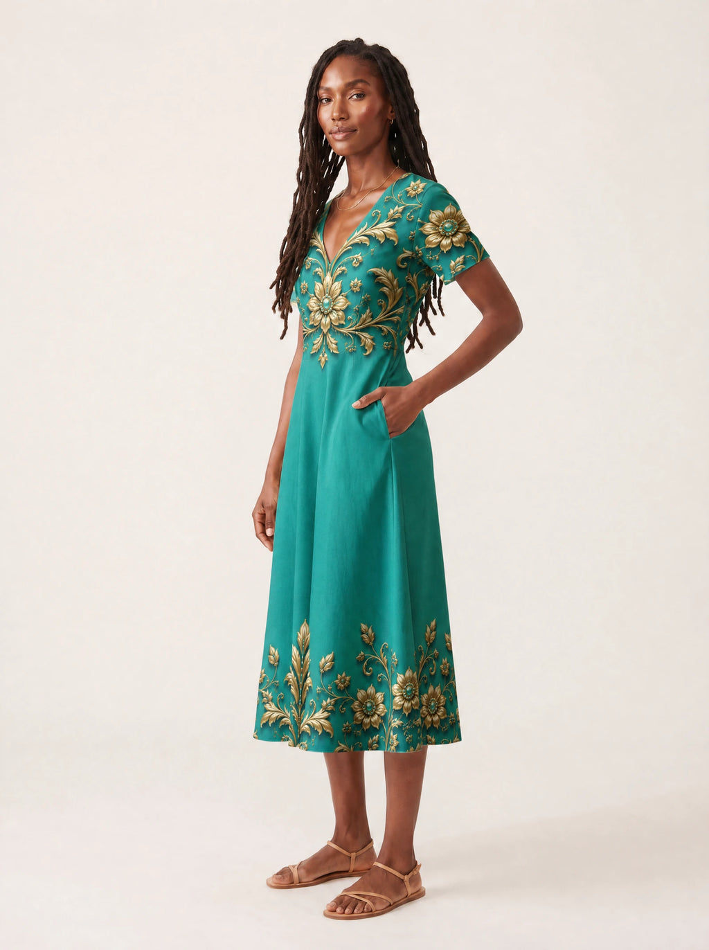 "Heshima" V Neck Midi Dress — full body