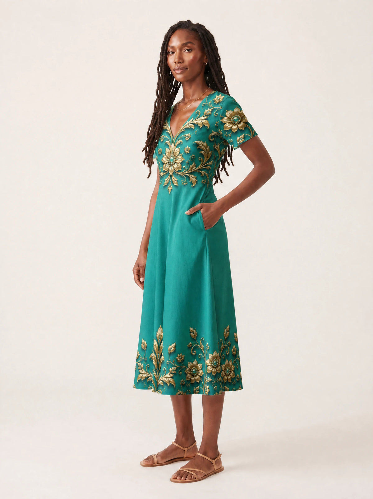 "Heshima" V Neck Midi Dress — full body