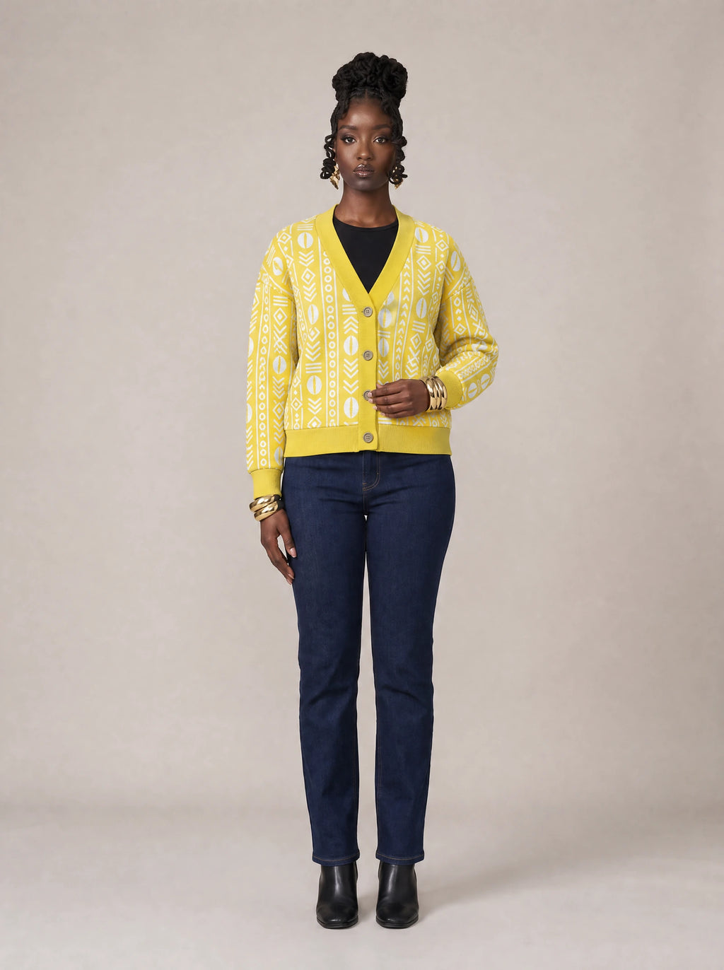 "Oshun Dhahabu" Cardigan — front view on model