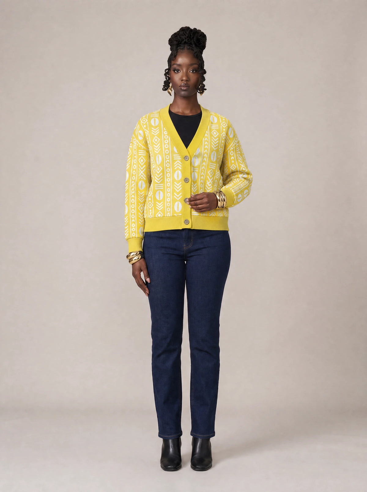 "Oshun Dhahabu" Cardigan — front view on model