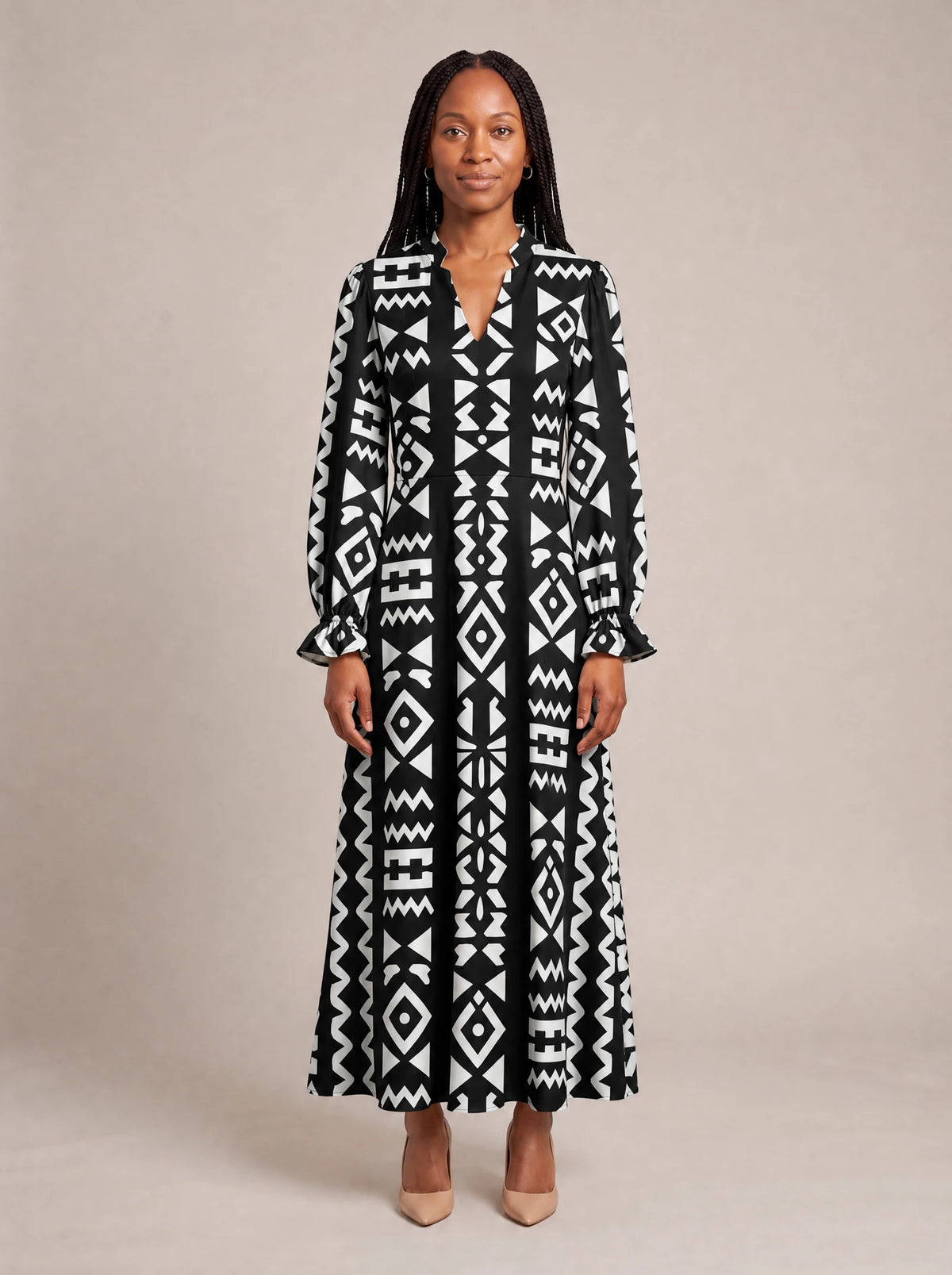 "Kuba" Long Puff Sleeve Dress — front view on model