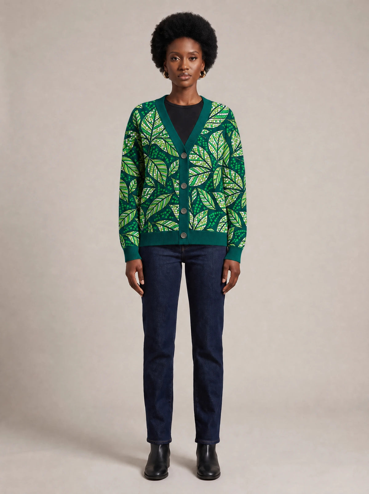 "Jani" Cardigan — front view on model