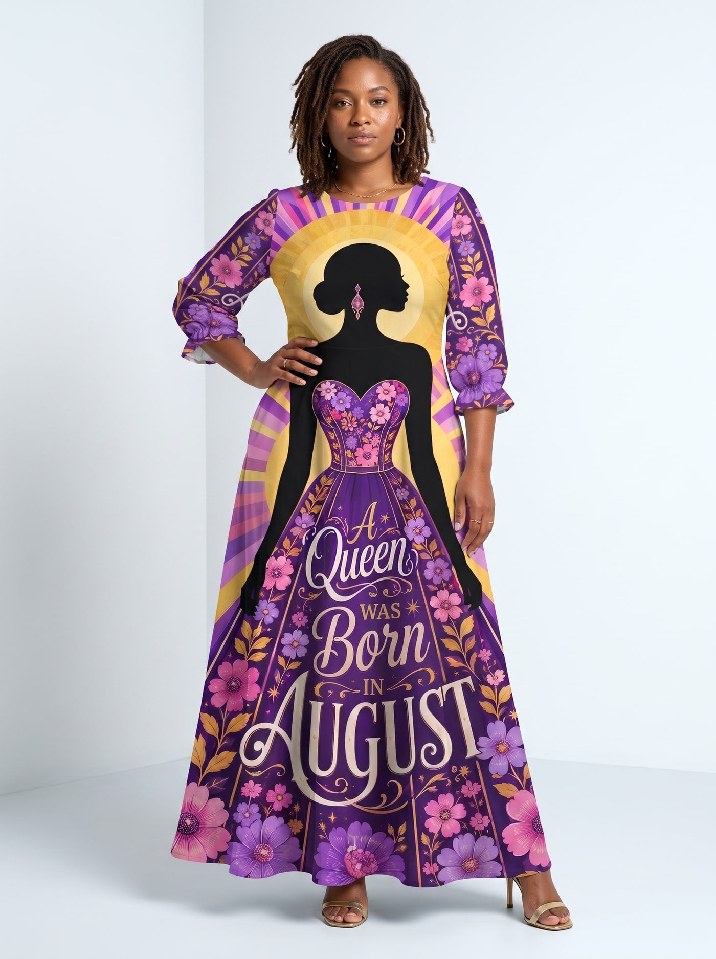 "August Queen Purple Bloom" Long Sleeve Maxi Dress