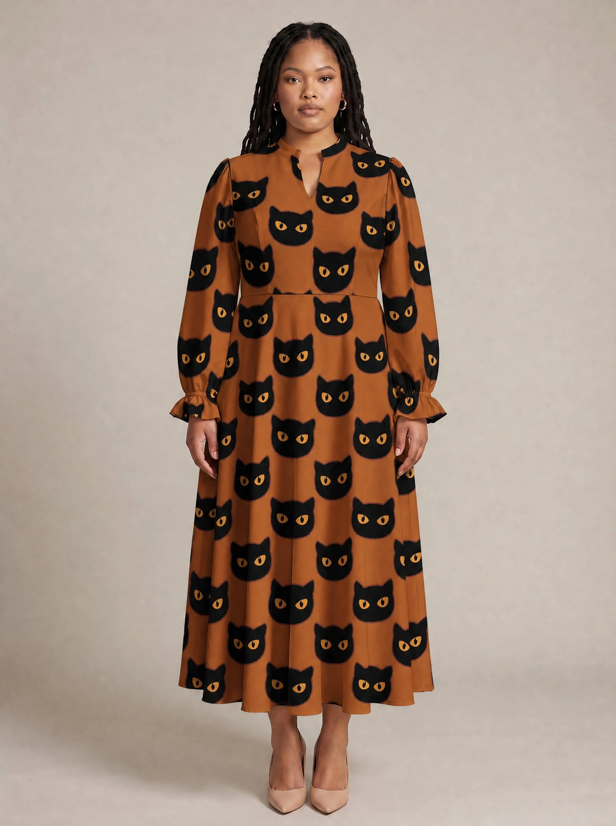 "Paka" Halloween Long Puff Sleeve Dress — front view on model