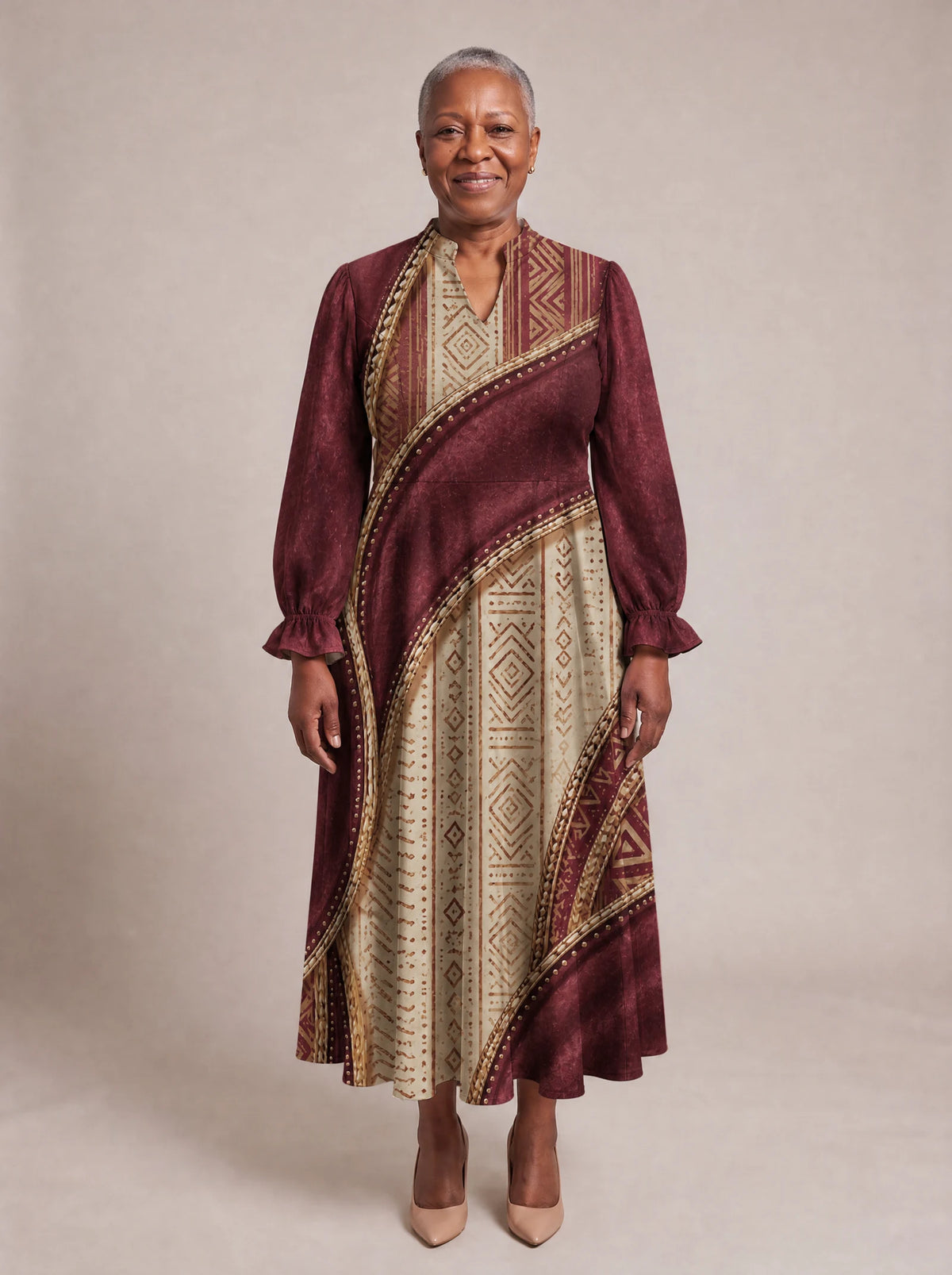 "Tapa" Long Puff Sleeve Dress — front view on model