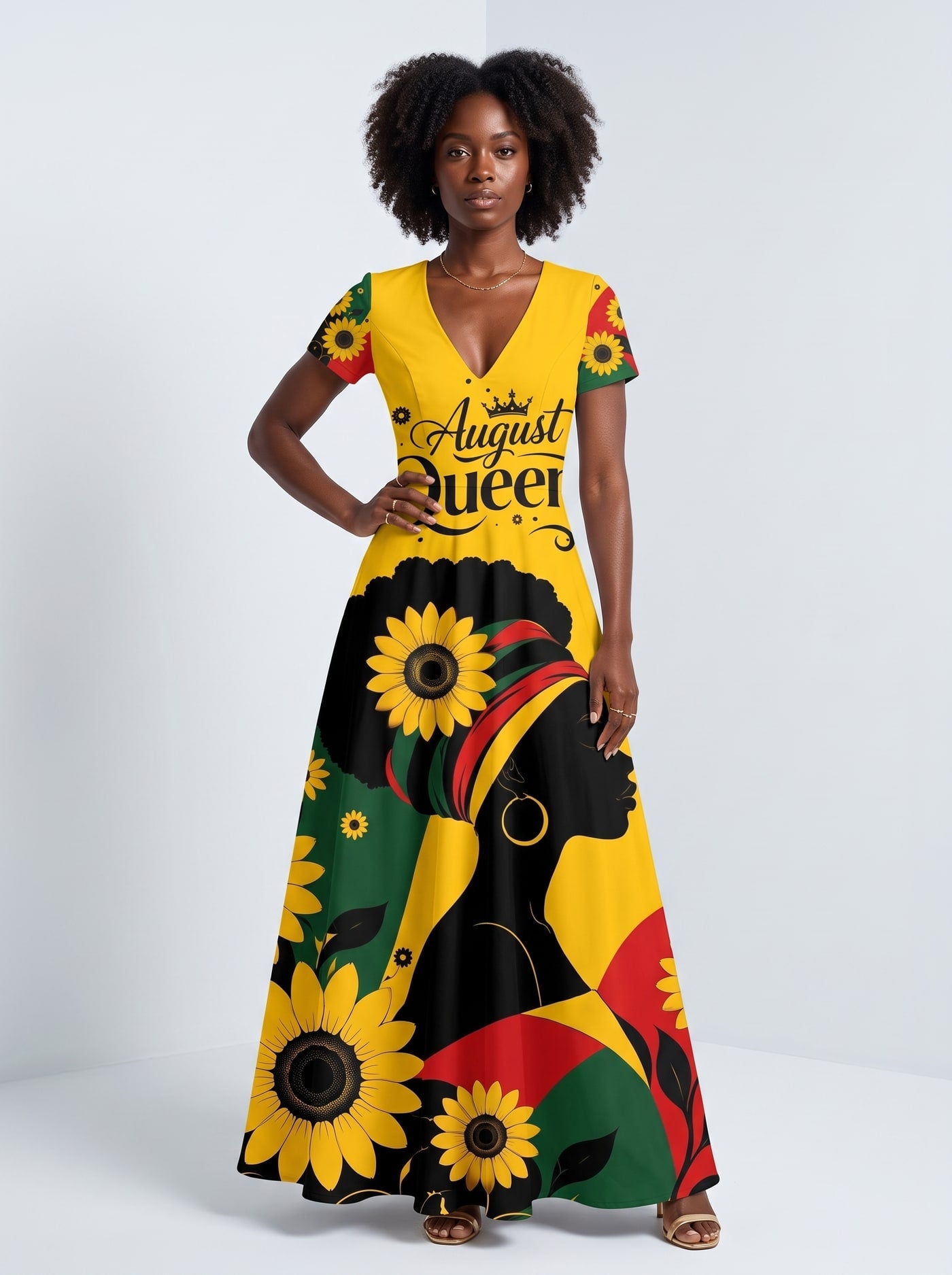 "August Queen Sunflower" Short Sleeve Maxi Dress