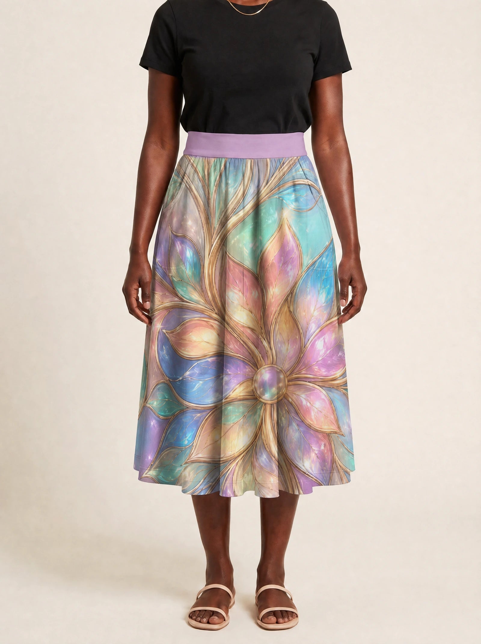 "Almasi" Twirl Skirt — cropped front view on model