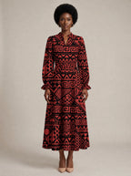 "Shaka" Burgundy Long Puff Sleeve Dress — front view on model