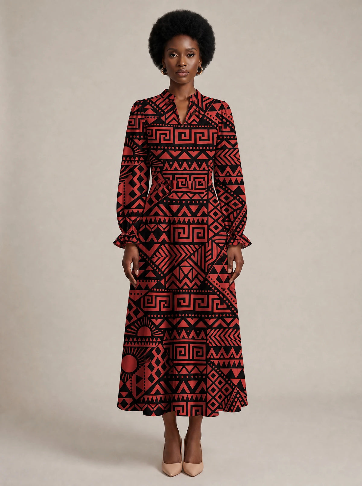 "Shaka" Burgundy Long Puff Sleeve Dress — front view on model
