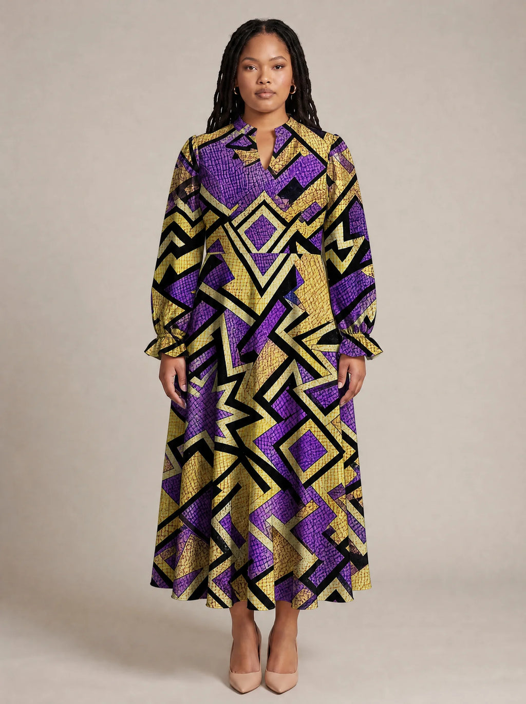 "Sheba" Long Puff Sleeve Dress — front view on model