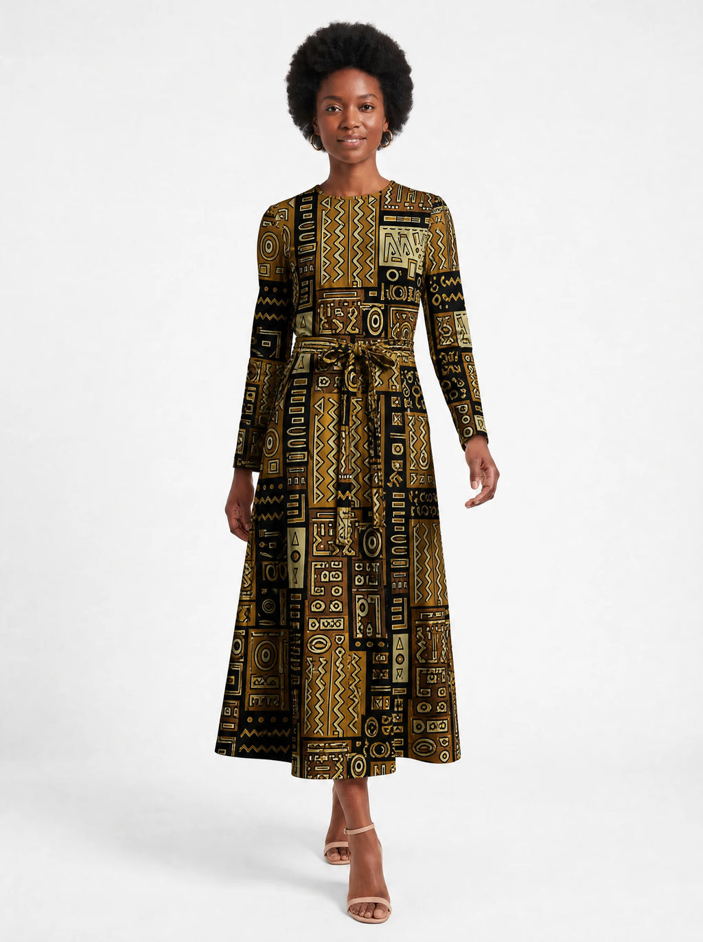 "Sankofa" Viscose Midi Dress — front view on model