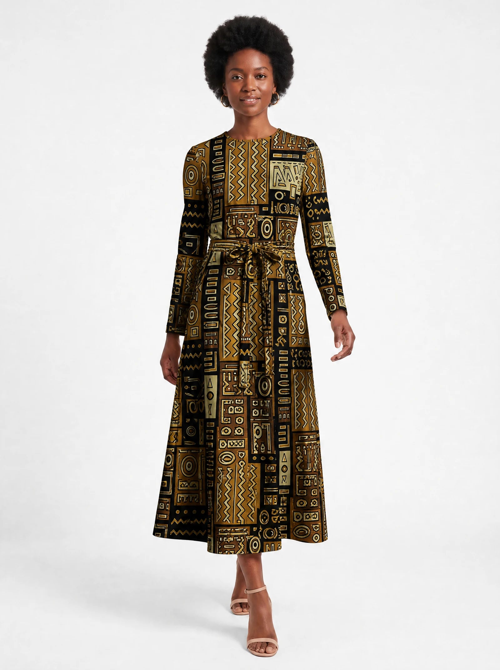 "Sankofa" Viscose Midi Dress — front view on model