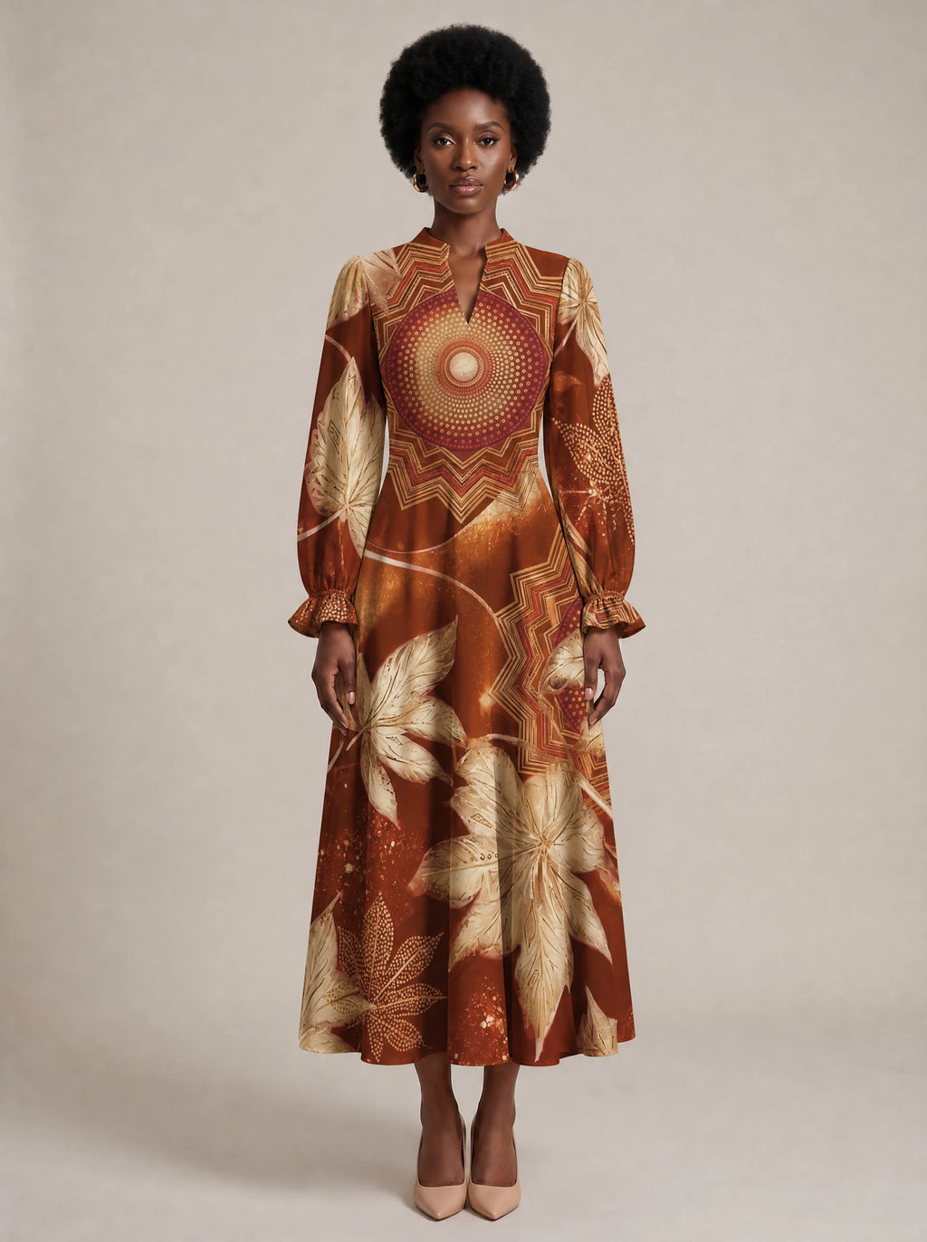 "Joto" Long Puff Sleeve Dress — front view on model