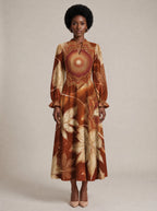 "Joto" Long Puff Sleeve Dress — front view on model