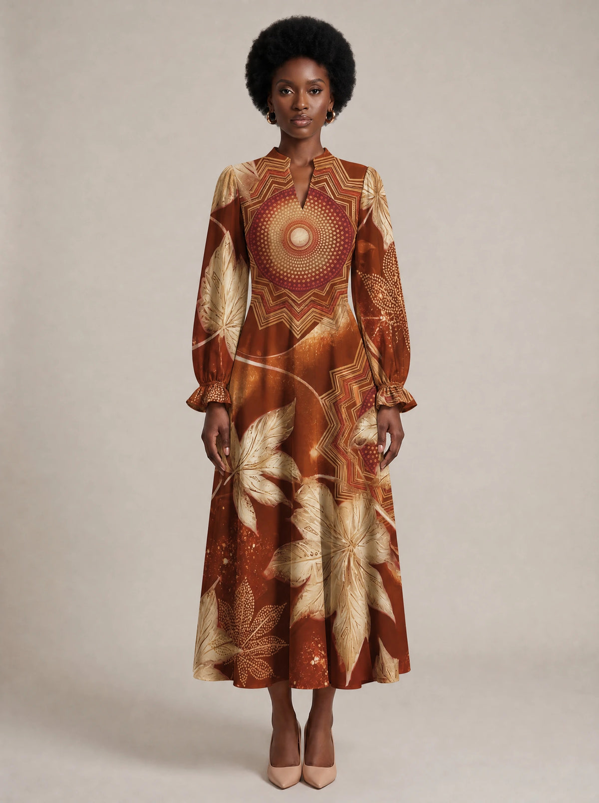 "Joto" Long Puff Sleeve Dress — front view on model