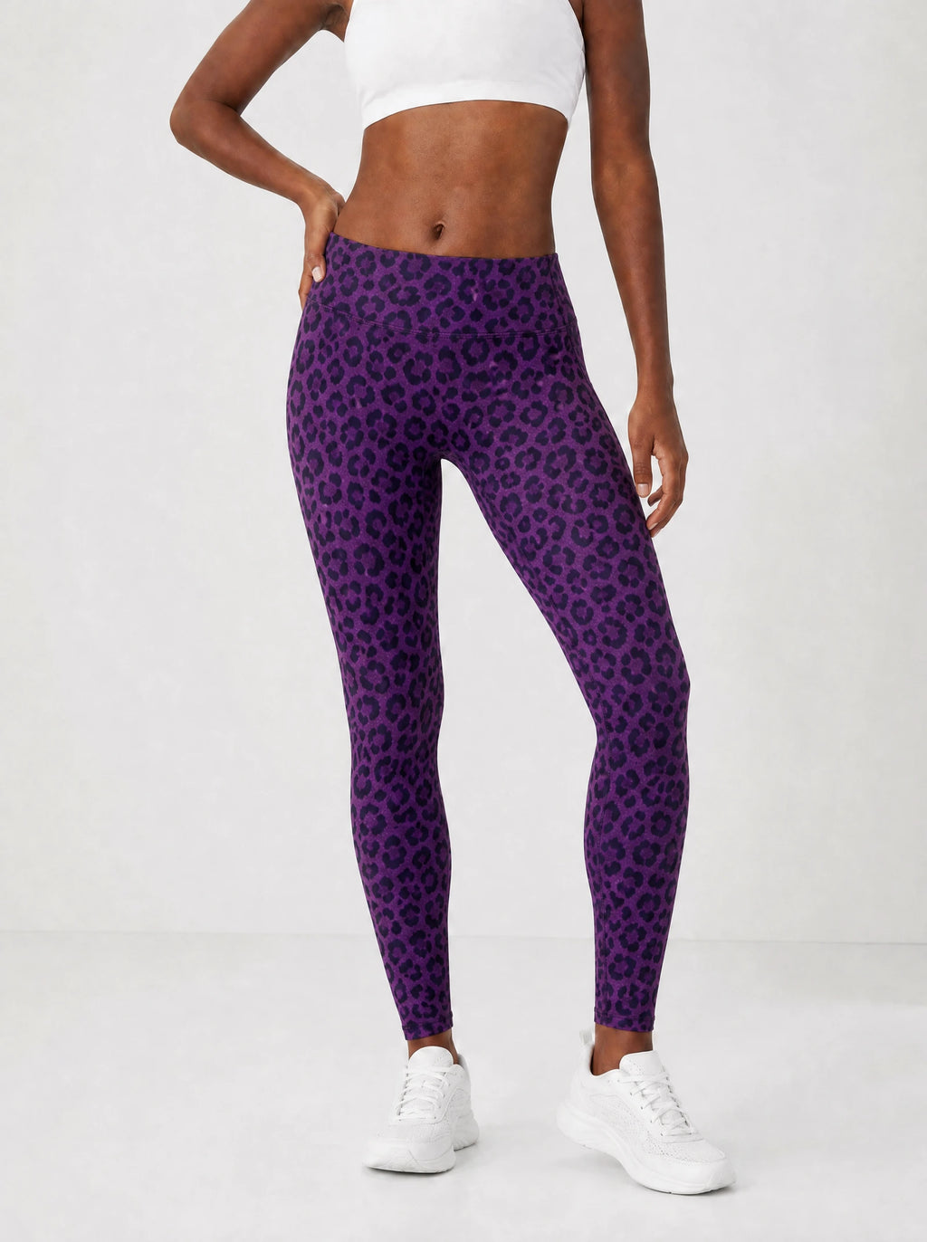 Purple Leopard Leggings — front view on model
