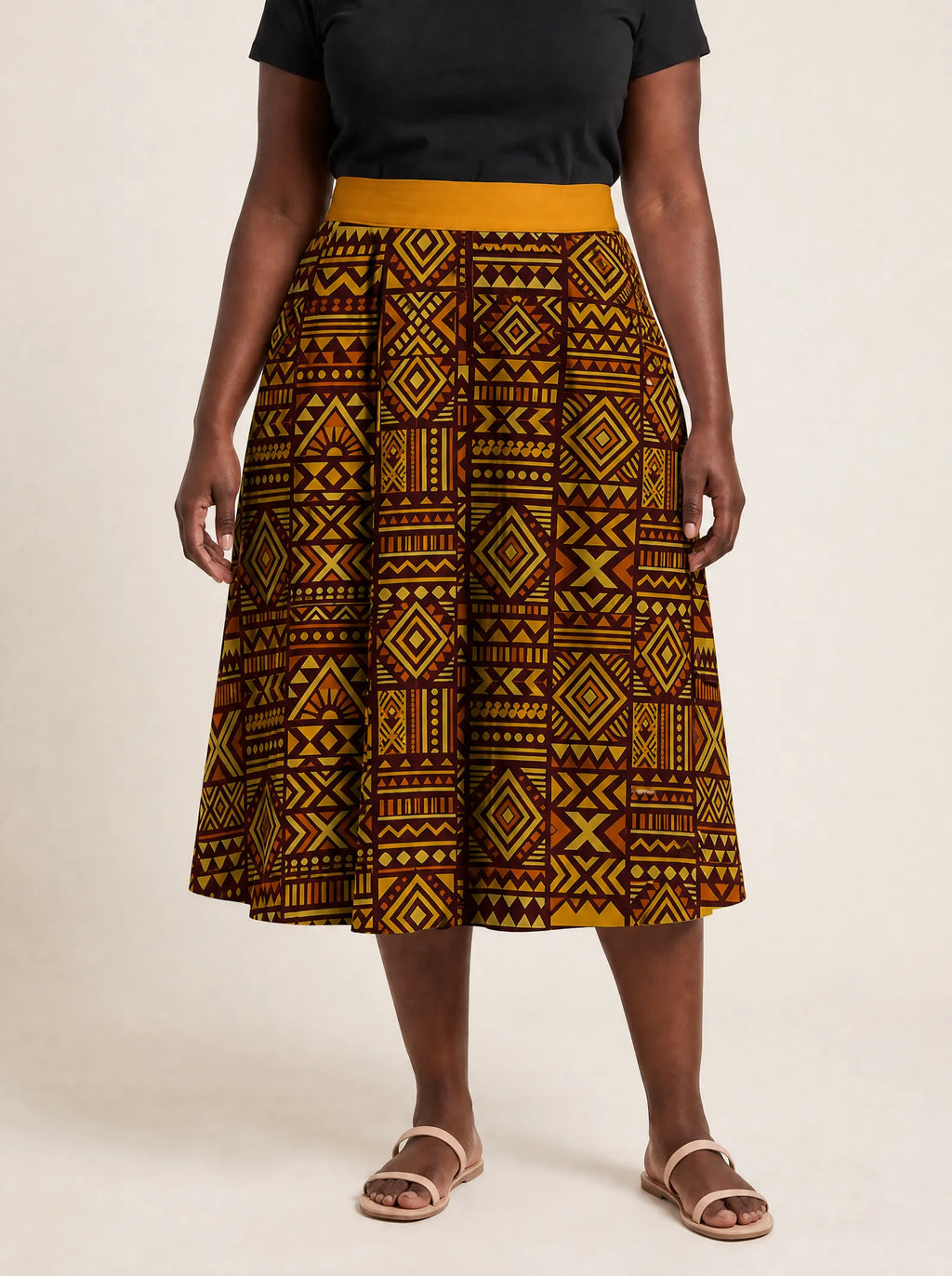 "Mudcloth" Twirl Skirt — cropped front view on model