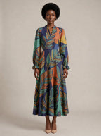 "Majani" Long Puff Sleeve Dress — front view on model