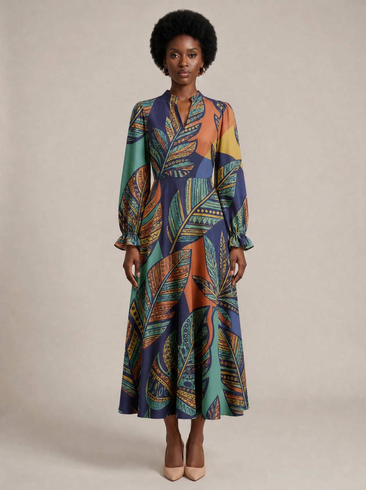 "Majani" Long Puff Sleeve Dress — front view on model