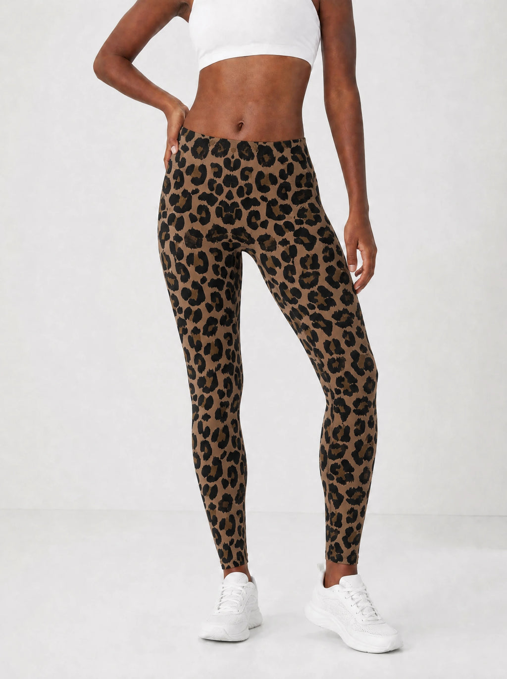 "Unstoppable" Brown Leopard Leggings — front view on model