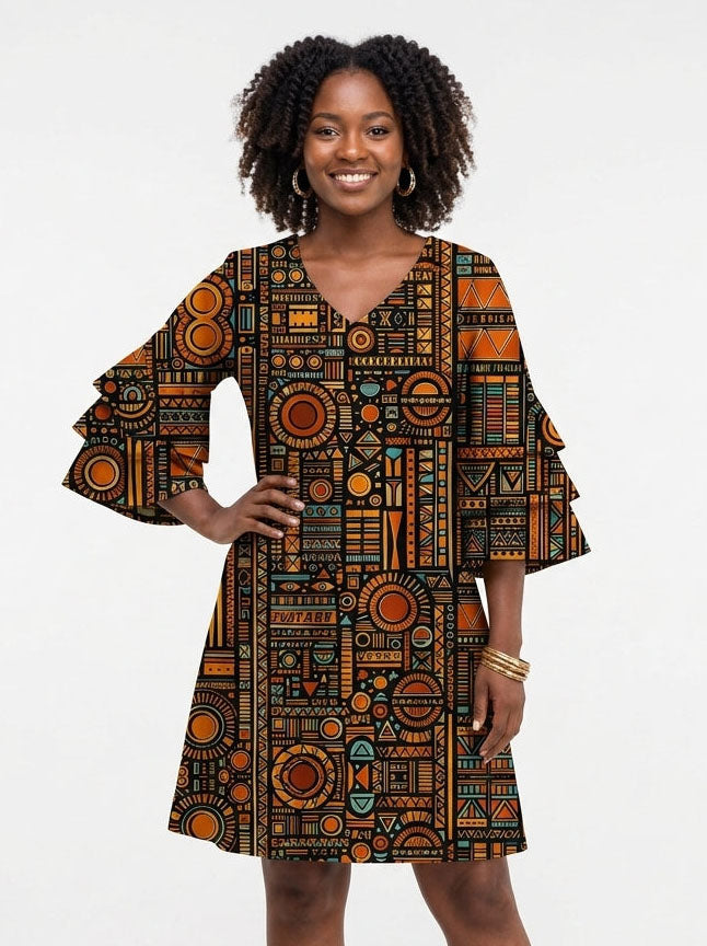 Afrocentric Pattern Stacked Ruffle Sleeve Dress