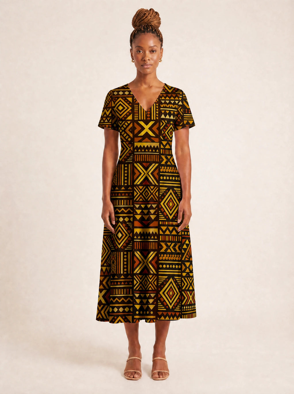 "Mudcloth" V Neck Midi Dress