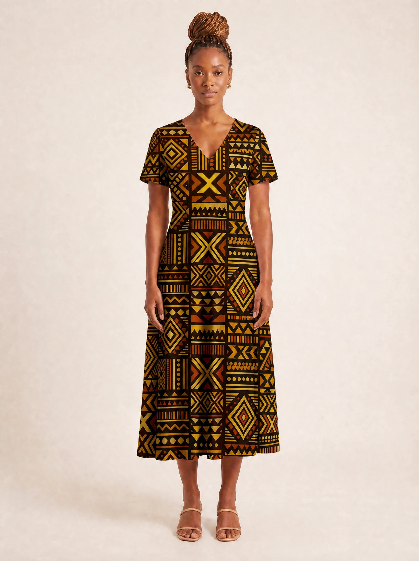 "Mudcloth" V Neck Midi Dress