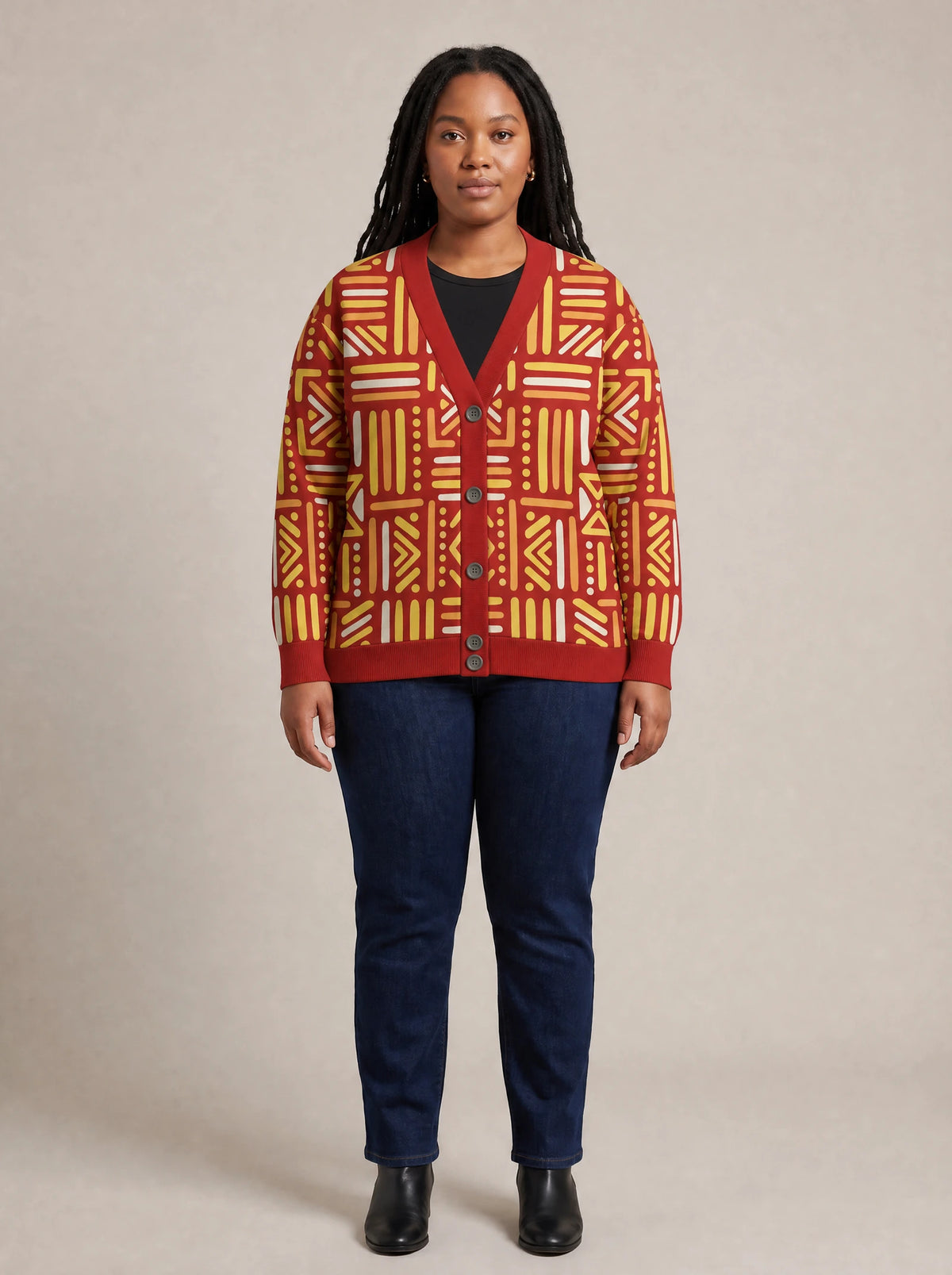 "Mistari" Cardigan — front view on model