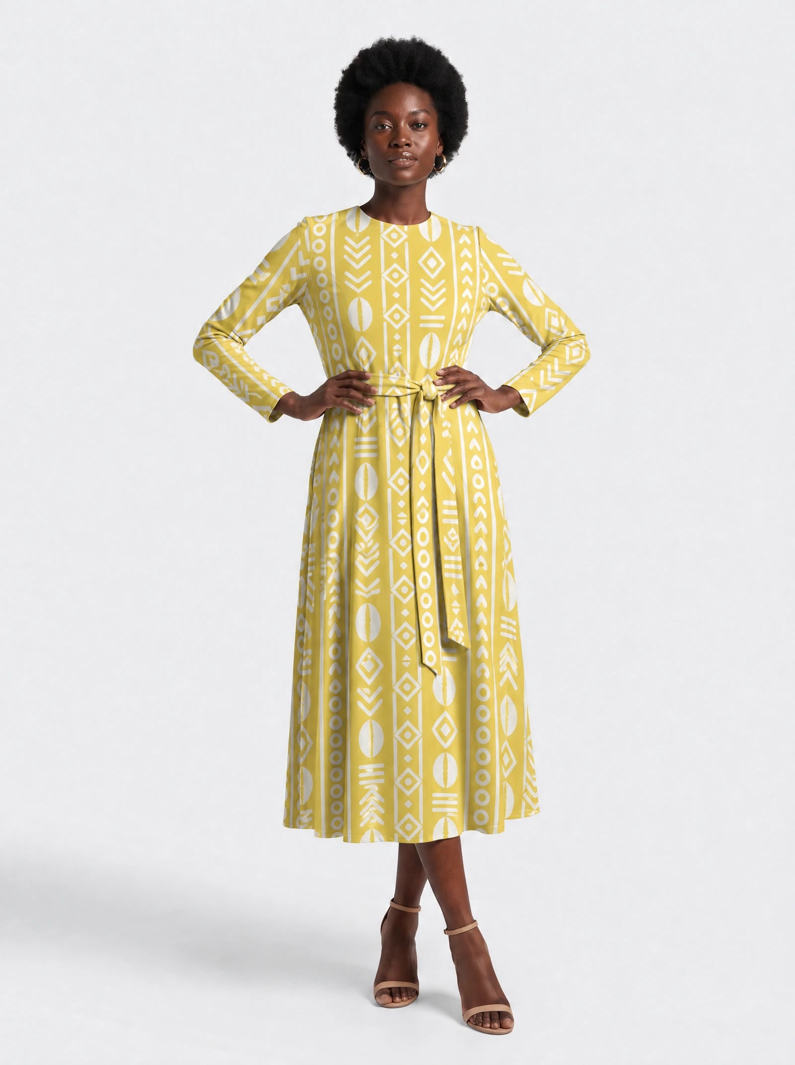 "Oshun Dhahabu" Viscose Midi Dress — front view on model