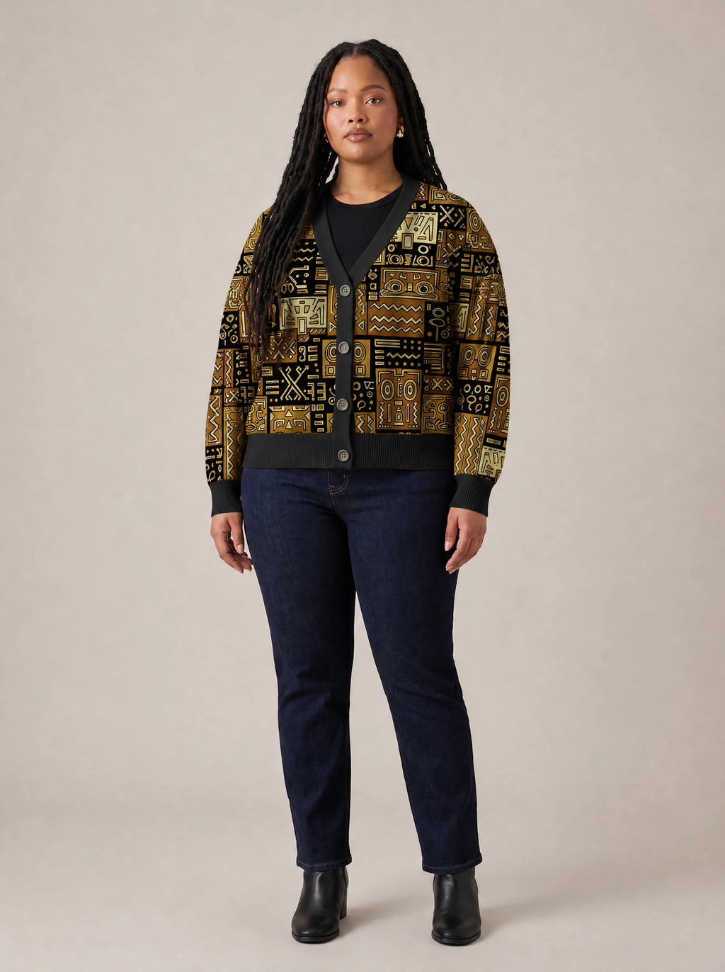 "Sankofa" Knitted Cardigan — front view on model