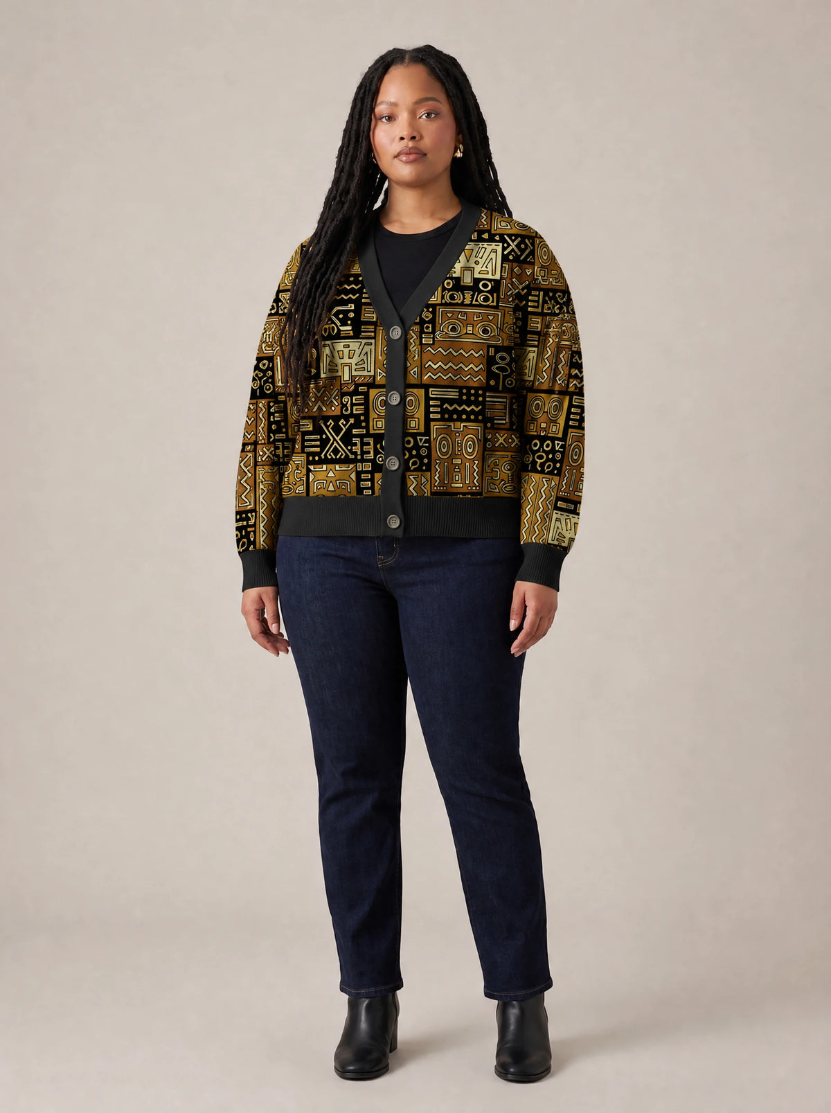 "Sankofa" Knitted Cardigan — front view on model