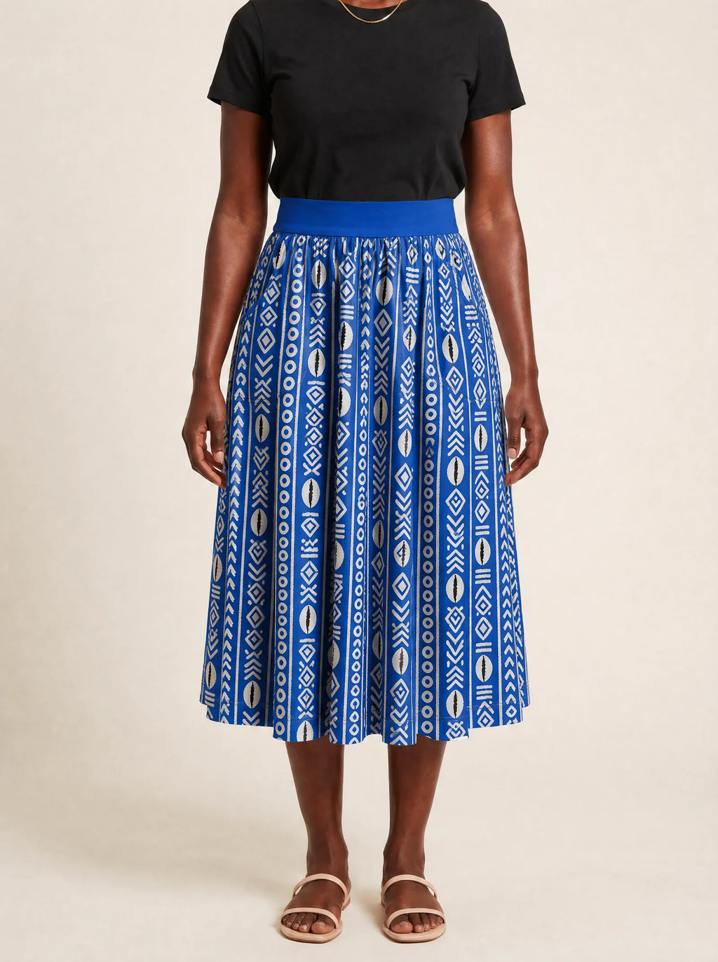 "Oshun Royal Blue" Twirl Skirt — cropped front view on model