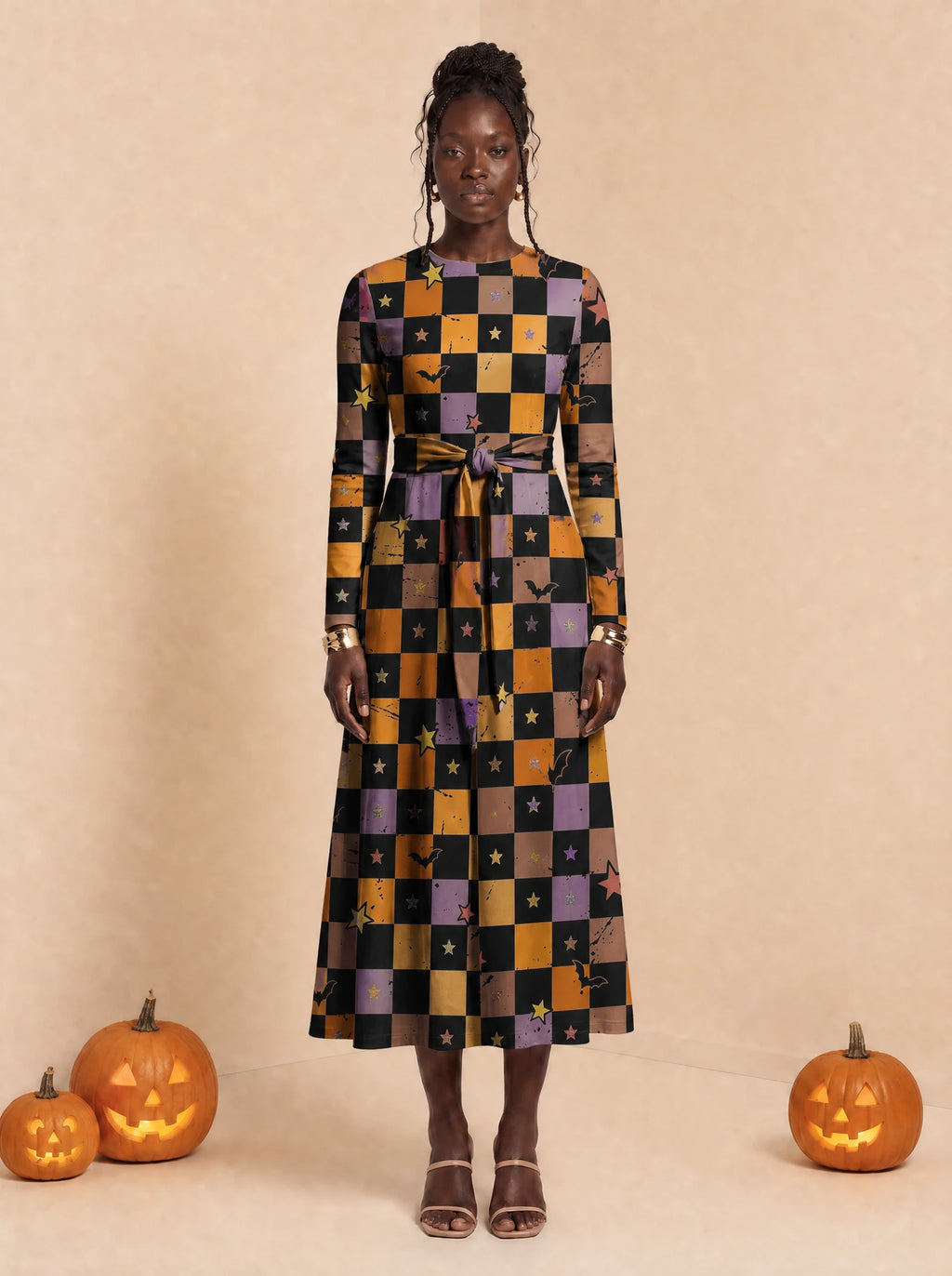 "Kimondo" Halloween Long Sleeve Midaxi Dress — front view on model