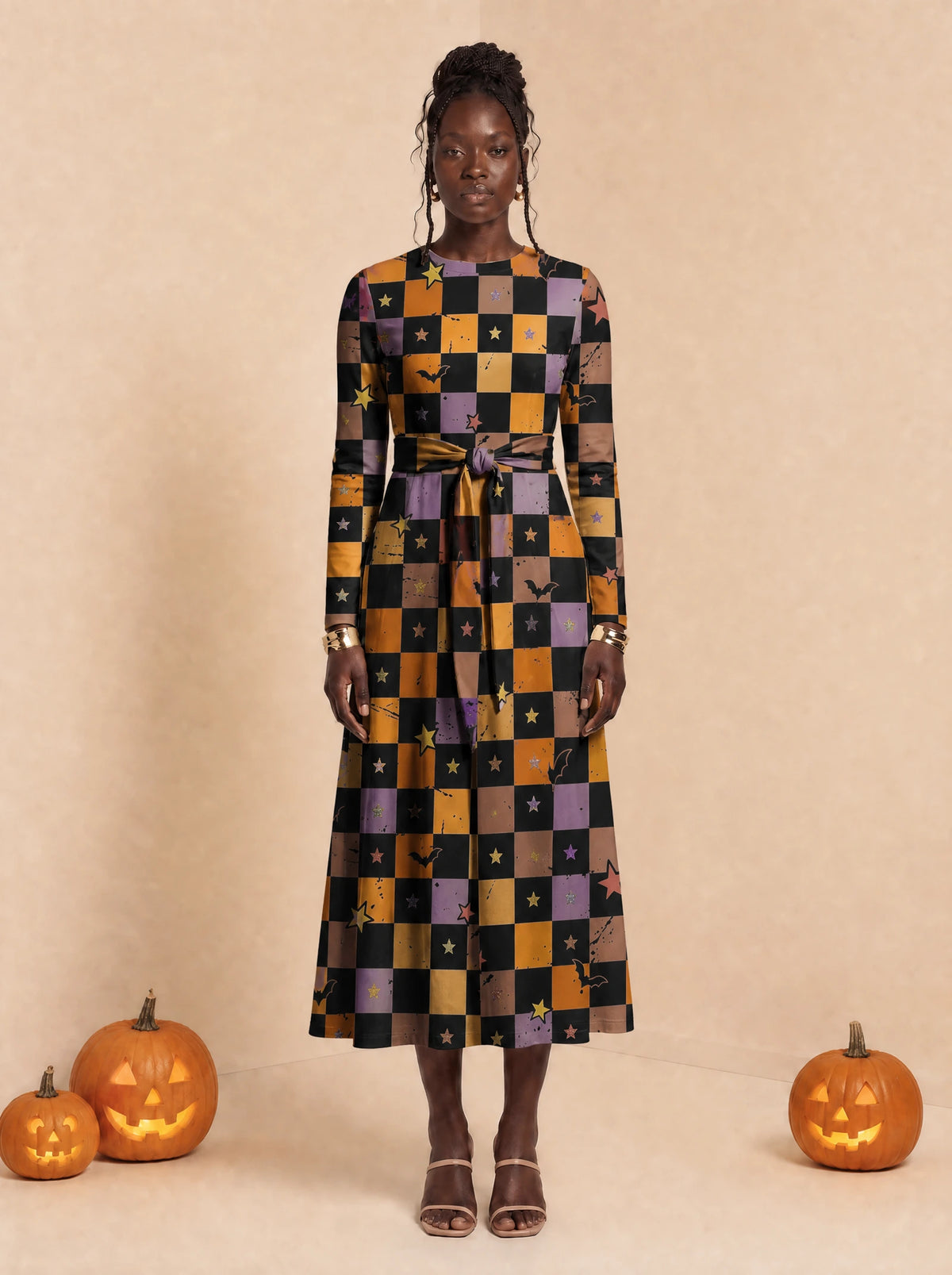 "Kimondo" Halloween Long Sleeve Midaxi Dress — front view on model