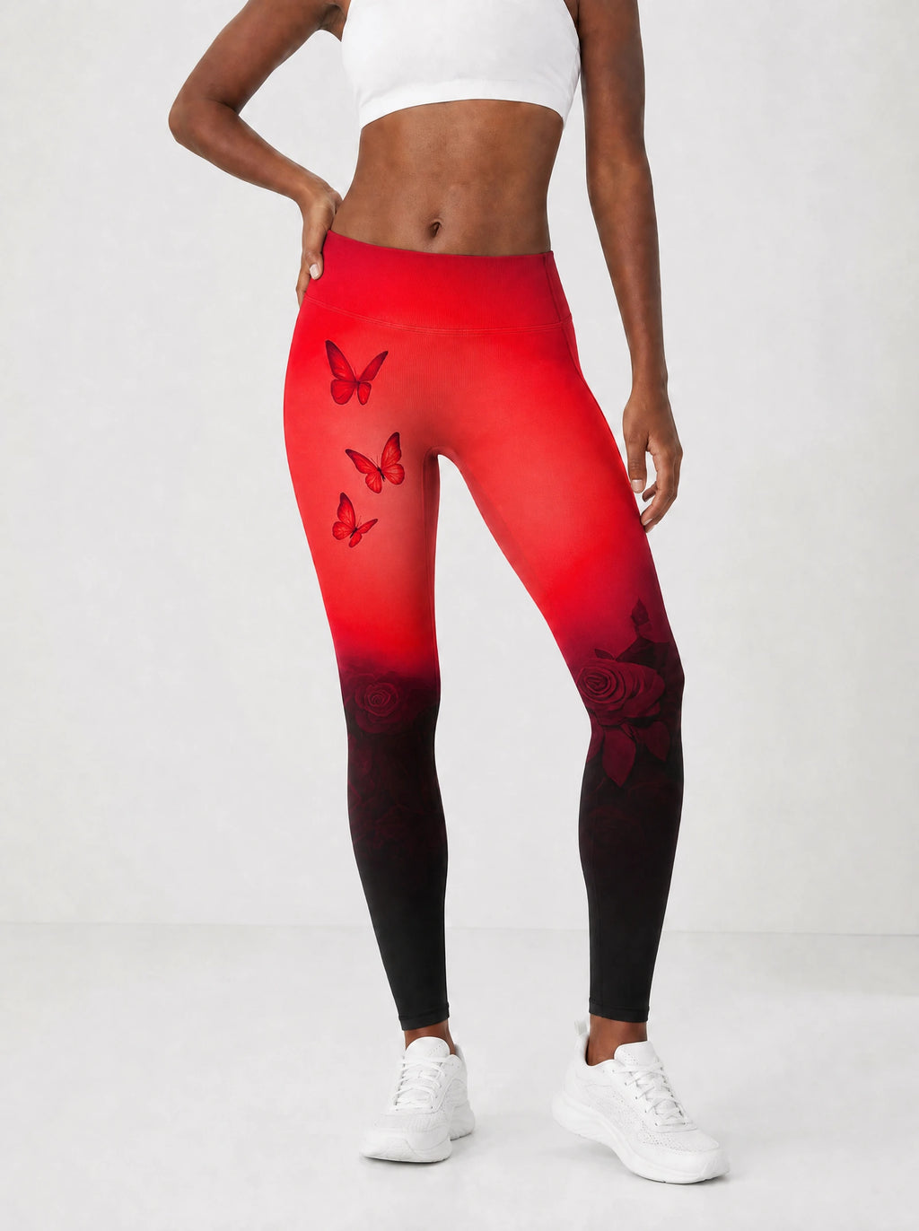"Selah" Red Leggings — front view on model