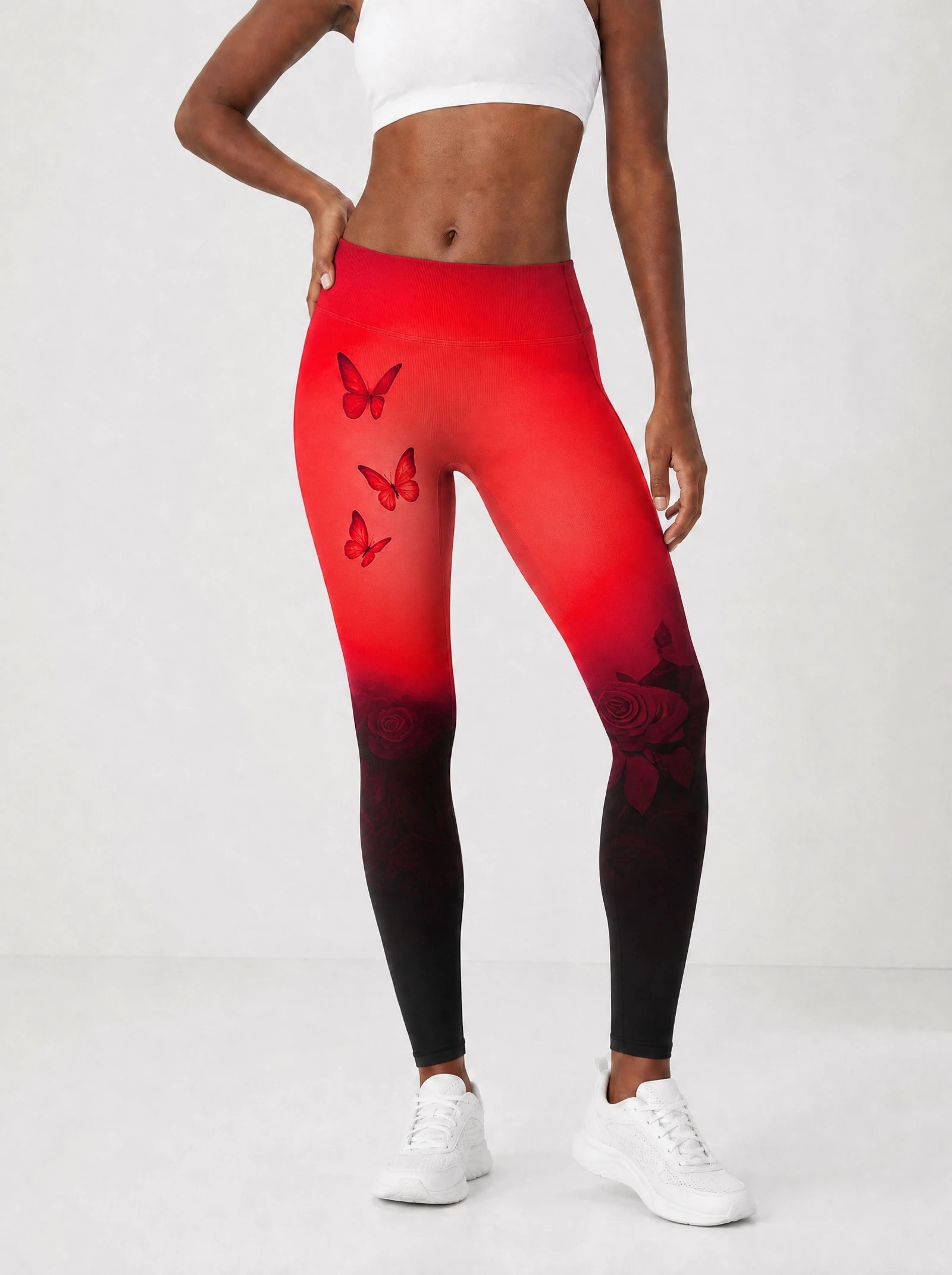 "Selah" Red Leggings — front view on model