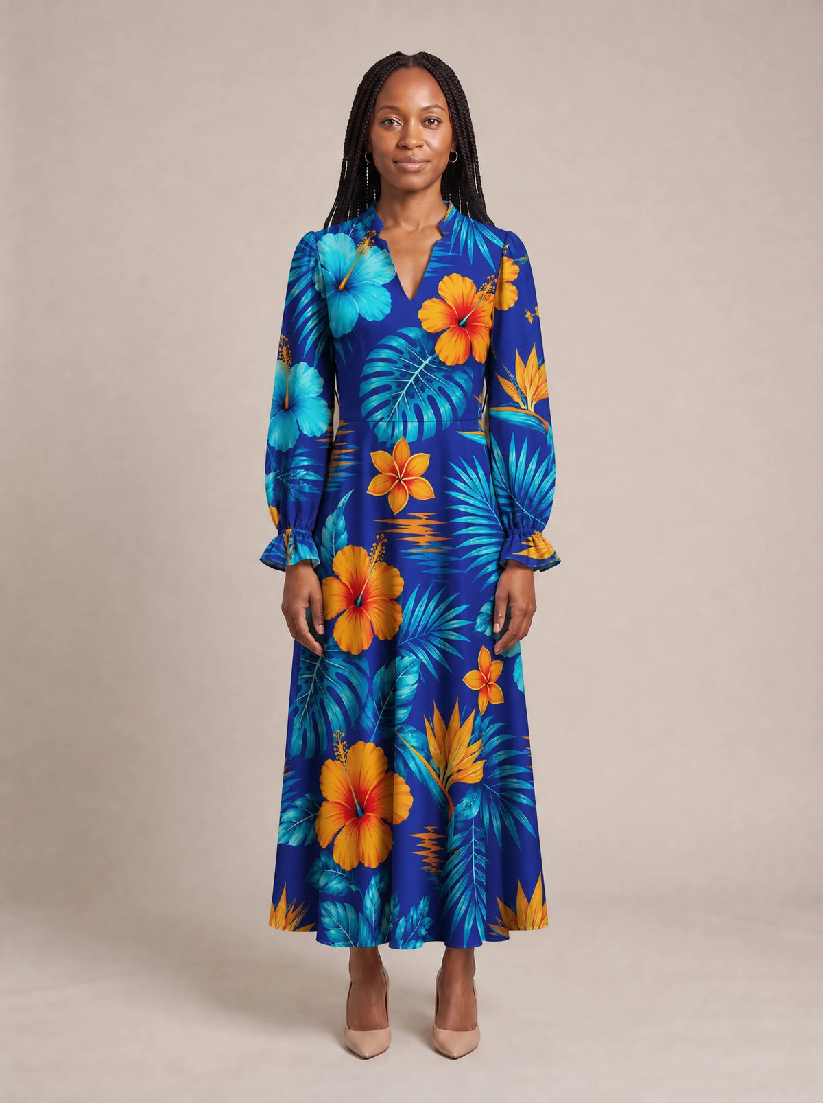 "Maua" Long Puff Sleeve Dress — front view on model