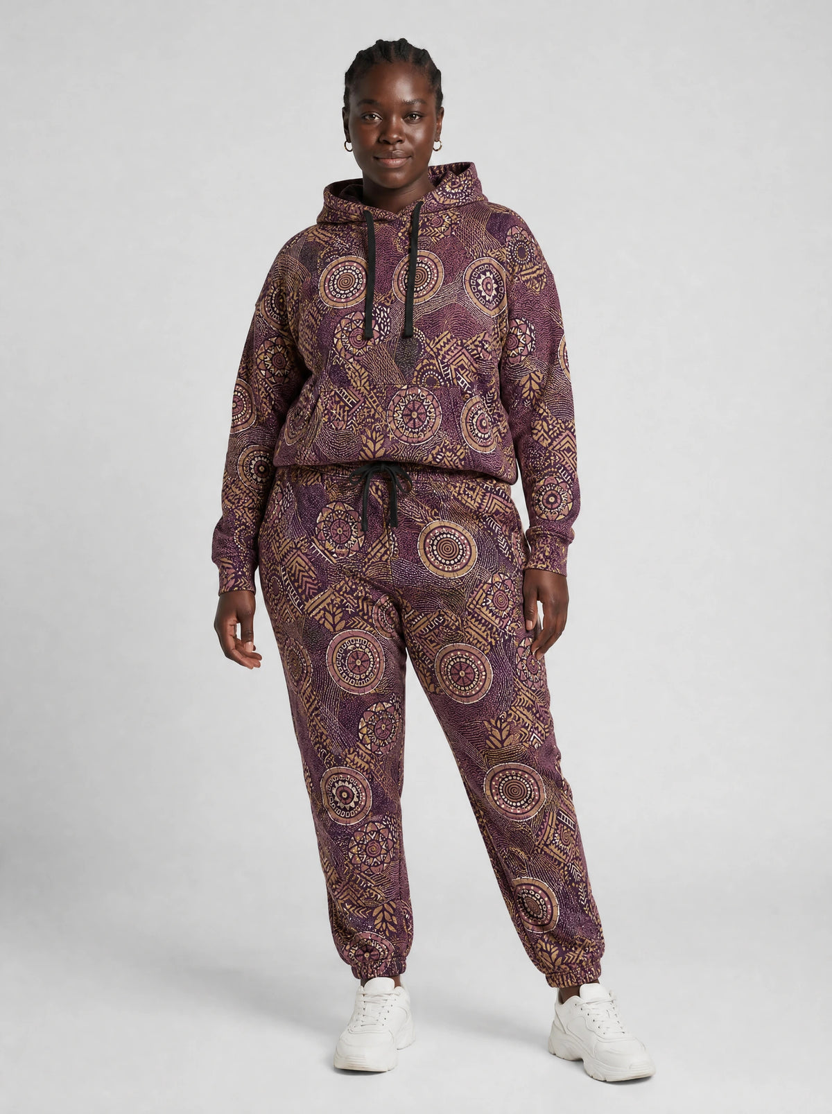 "Kitanzi" Plum Gold Hoodie & Jogger Set — front view on model