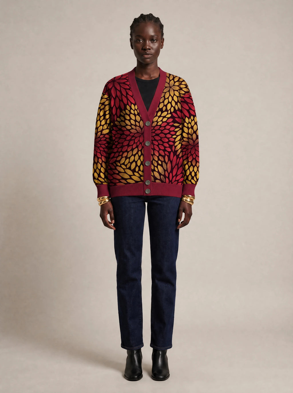 "Mavuno" Knitted Cardigan — front view on model