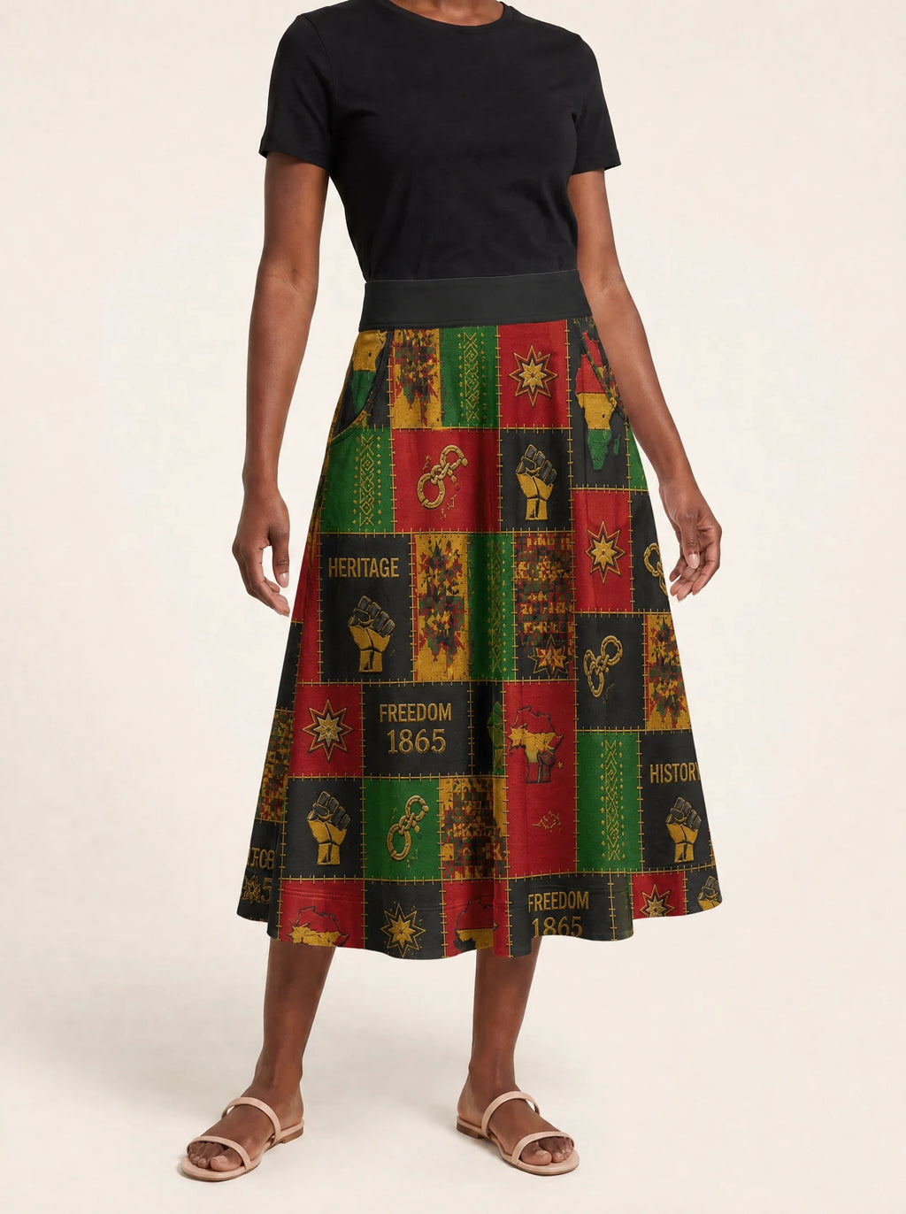 "Kumbuka" Twirl Skirt — cropped front view on model