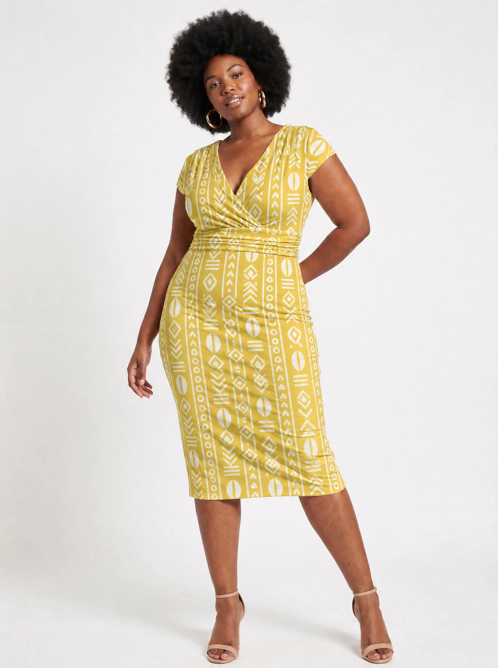 "Oshun Dhahabu" Cap Sleeve Midi Dress — front view on model