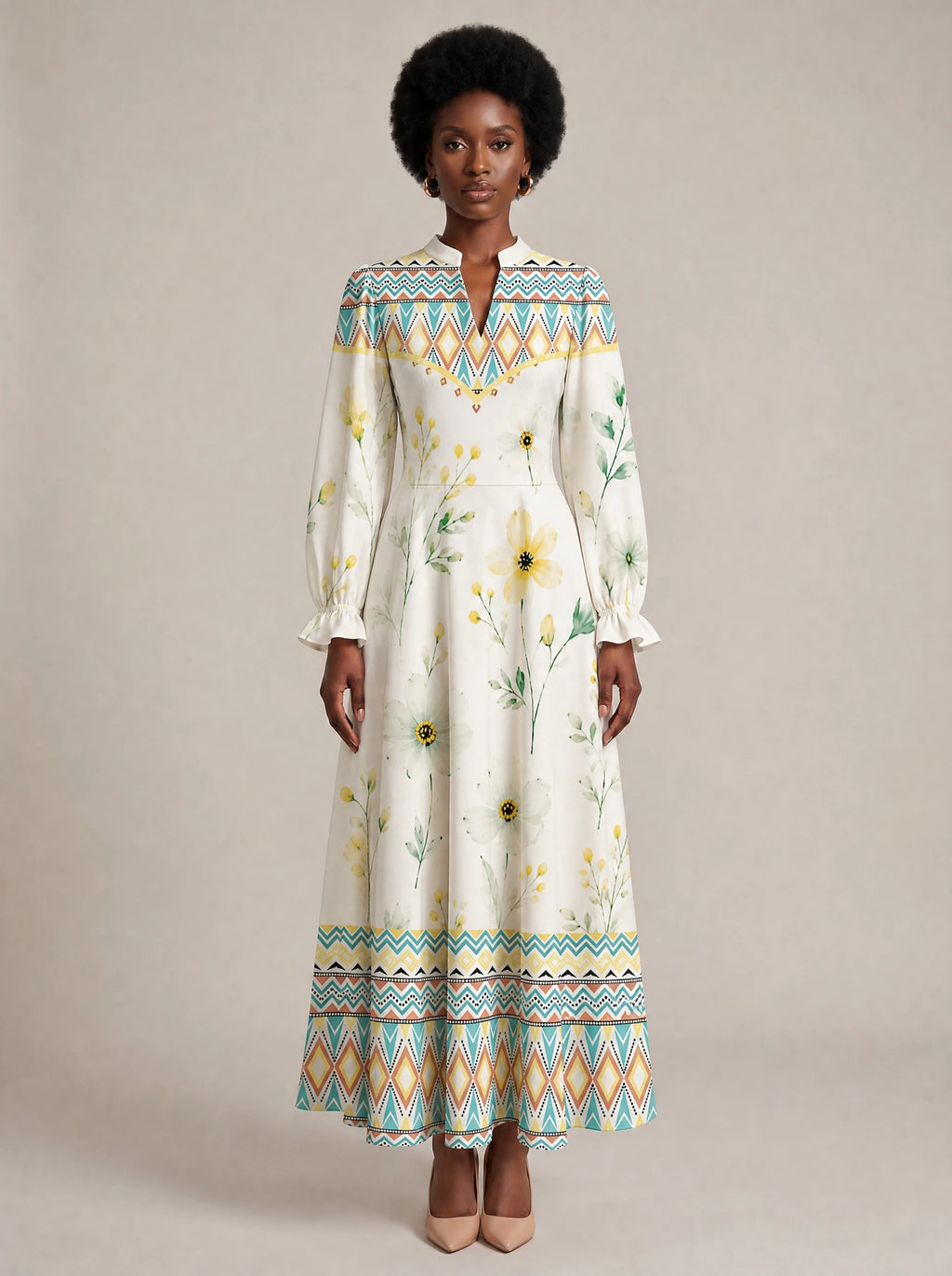 "Alizeti" Long Puff Sleeve Dress — front view on model