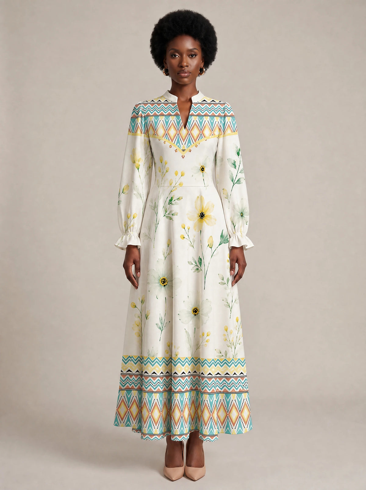 "Alizeti" Long Puff Sleeve Dress — front view on model