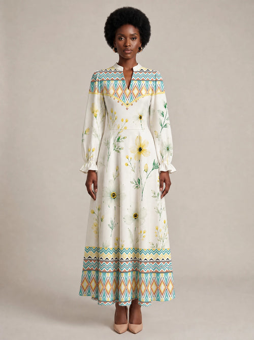 "Alizeti" Long Puff Sleeve Dress — front view on model