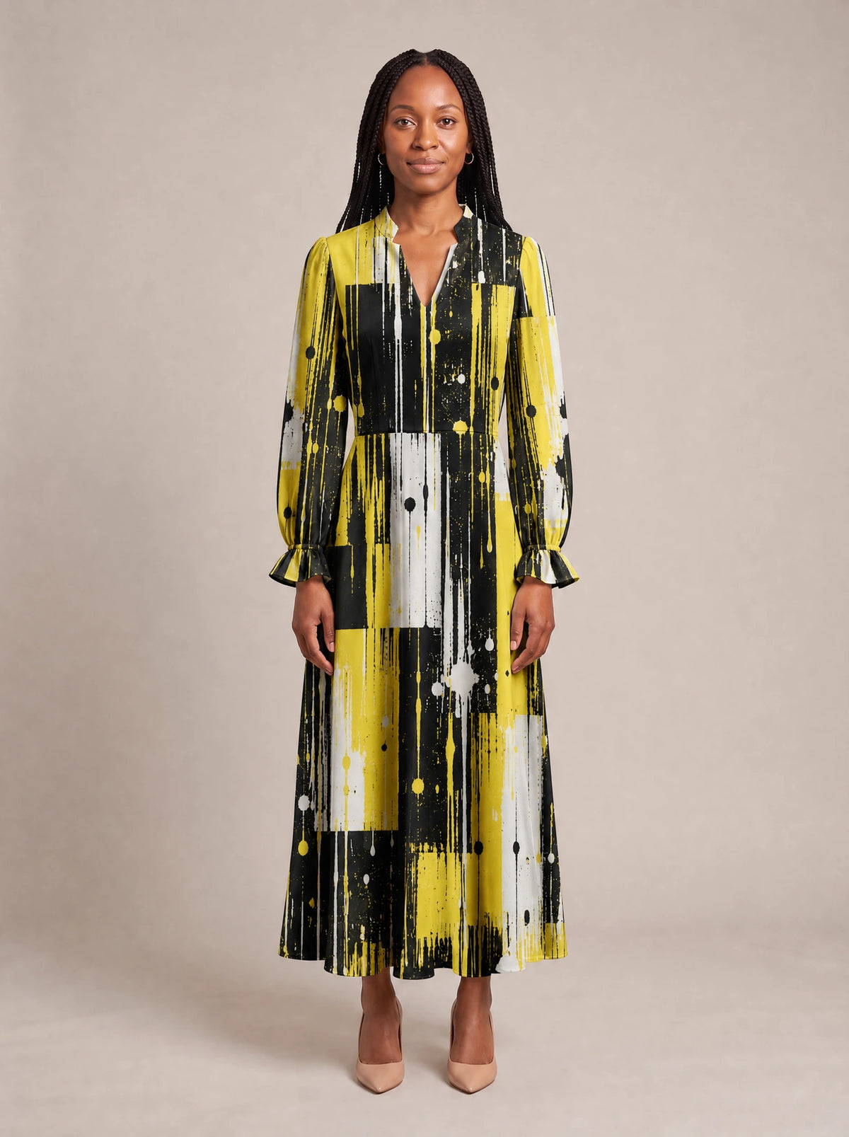 "Mvua" Long Puff Sleeve Dress — front view on model