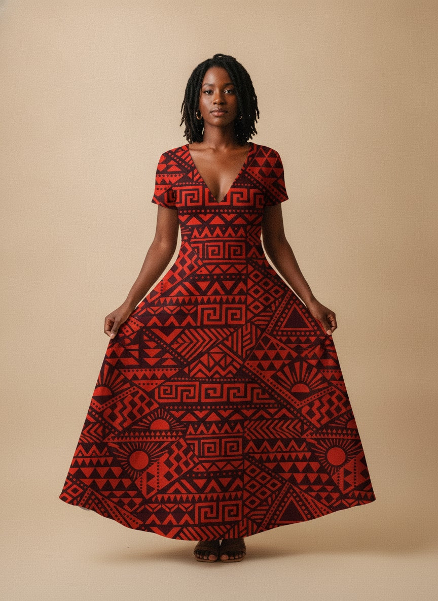 "Shaka" Burgundy Short Sleeve Maxi Dress