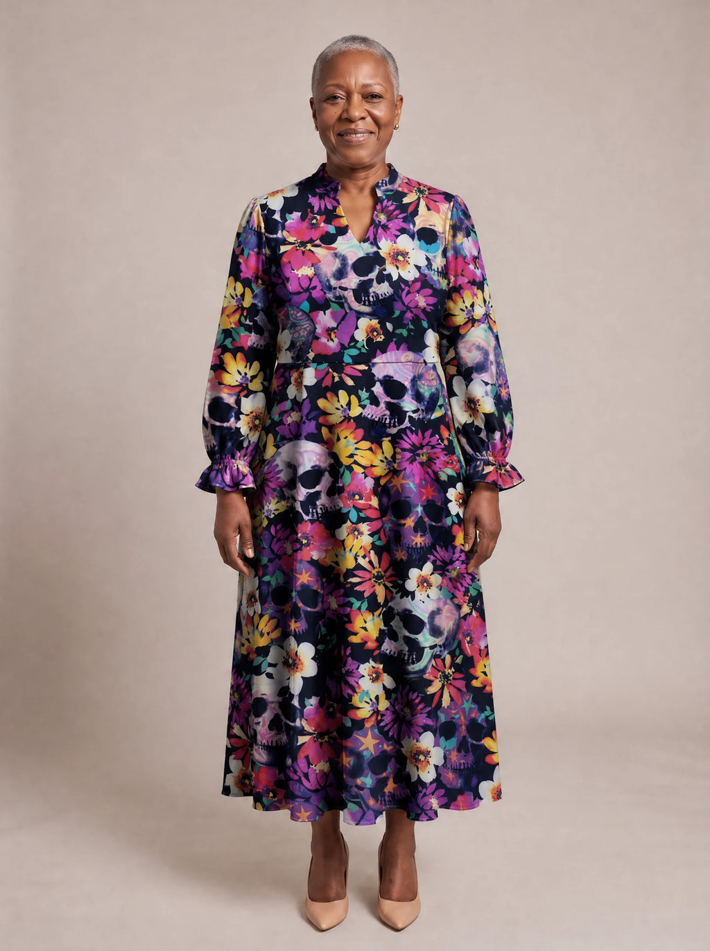 "Njozi" Long Puff Sleeve Dress — front view on model