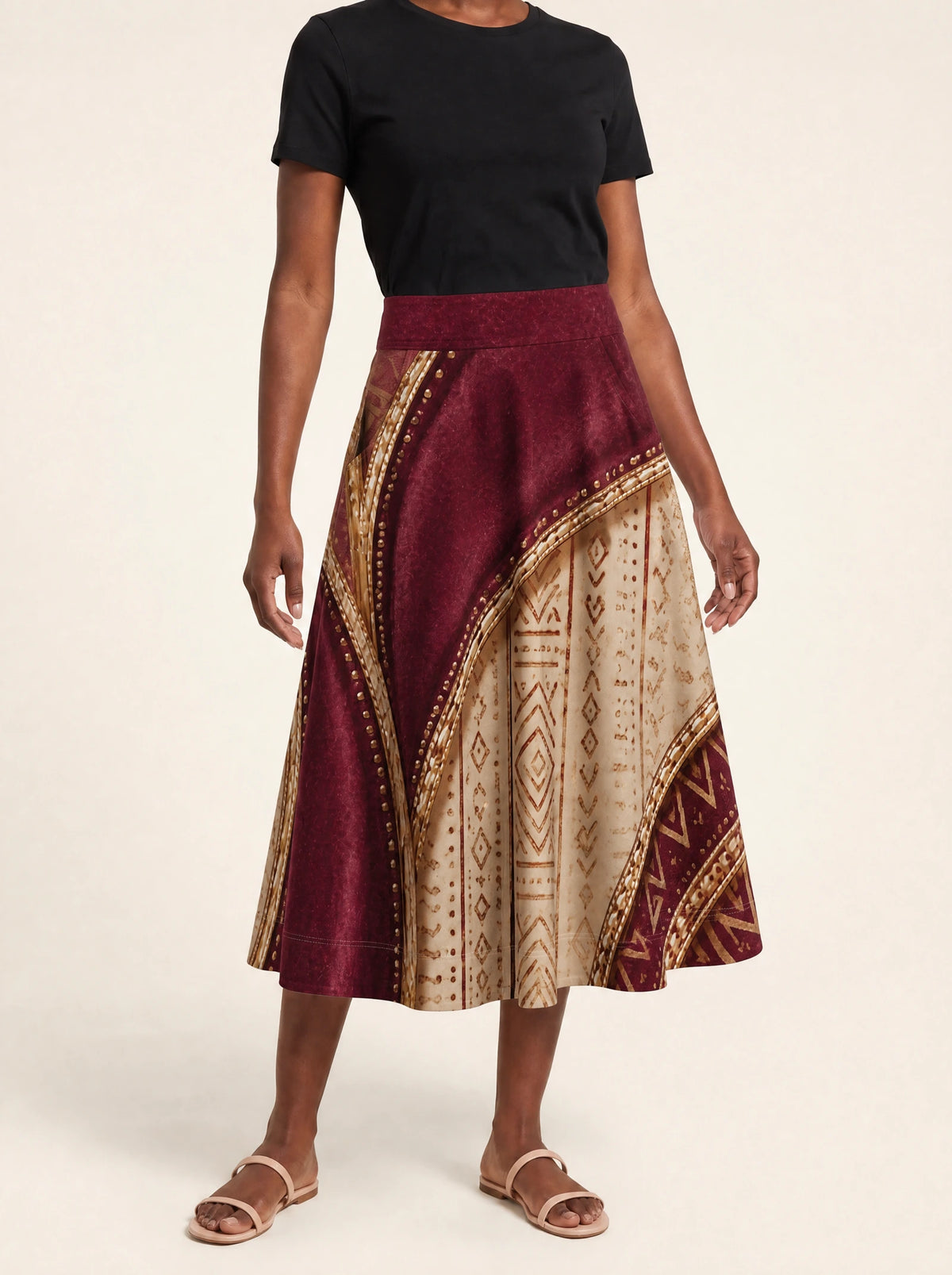 "Tapa" Twirl Skirt — front view on model